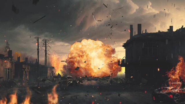 Helicopter crashed in the ruined city. War concept video.