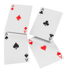 Four aces playing cards poker game. Realistic 3D gambling games symbols. Clubs and spaces, hearts and diamonds casino poker card. 3D Rendering