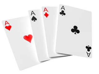 Four aces playing cards poker game. Realistic 3D gambling games symbols. Clubs and spaces, hearts and diamonds casino poker card. 3D Rendering