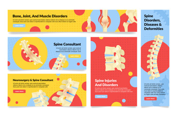 Spine consultant bone joint muscle disorder neurosurgery deformities landing page set vector - obrazy, fototapety, plakaty
