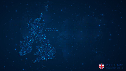 Fototapeta na wymiar Map of United Kingdom modern design with polygonal shapes on dark blue background. Business wireframe mesh spheres from flying debris. Blue structure style vector illustration concept