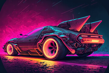 Obraz na płótnie Canvas On an 80s inspired neon cyberpunk background, a futuristic sports automobile is cyberpunk. Generative AI