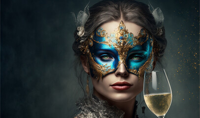 Sexy model woman with glass of champagne wearing venetian masquerade mask. Cosplay, Venetian mask. Mardi Gras Mask, AI generative