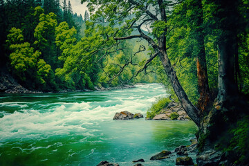 River Between Green Leafed Tree Watercolor Painting - Genarated AI