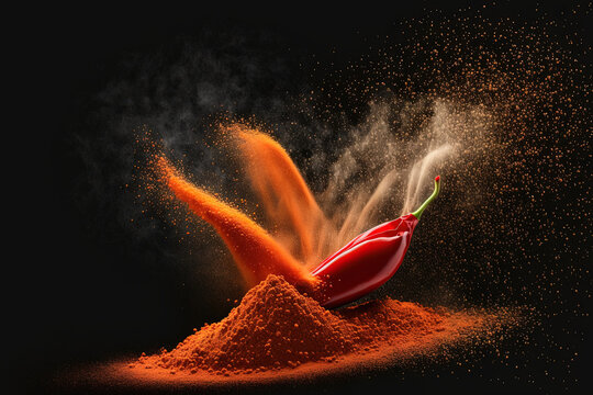 eruption of cayenne pepper powder isolated against a dark background, Cayenne pepper flying, blurry. Generative AI
