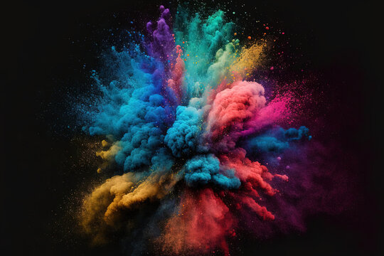 Abstract powder splattered background, freeze motion of color powder exploding throwing color powder, and multicolored glitter texture. Abstract colorful dust explosion over a black background
