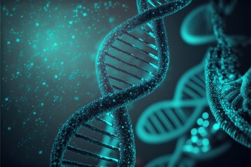 3D digital illustration of human dna under microscope on futuristic helix background created with generative ai