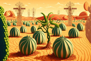 Field with ripening melon plants and system of irrigation. The photo depicts GMO free advanced agriculture industry in desert and arid areas of the Middle East. Generative AI