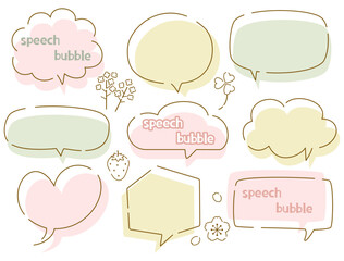 春に使いやすいピンクと緑と黄色の吹き出しのセット　イラスト付き