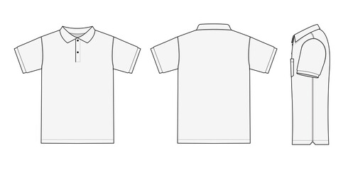 Polo shirt (golf shirt) template illustration ( front/ back/ side ) / white. No pockets. | png,no background