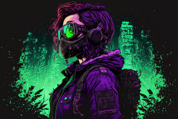 Illustration of a cyberpunk female standing in a nighttime landscape with air pollution wearing a futuristic gas mask, protective green glasses, and filters, along with a fashionable jacket with purpl