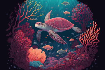 Fototapeta premium a large sea turtle diving in the red ocean swims over a fish filled coral reef. Generative AI