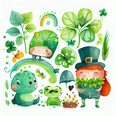 Watercolor drawing cartoon set of st patricks day collection. Generative AI