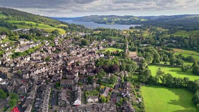 Aerial drone footage of the old english town of Ambleside in the Lakedistrict, Cumbria, UK