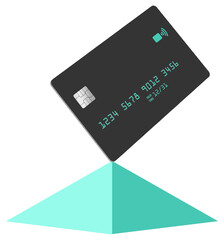 A modern dark grey credit card is seen atop a pyramid with a striped light green background in this 3-d illustration.
