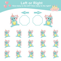 Left or right with cute unicorn theme. Counting worksheet for kids. Math game. Count and write the result. Left or Right worksheet for kids. Educational printable math worksheet. 