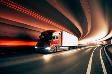 Fototapeta na wymiar Semi Truck at Speed in Tunnel - Generative Ai