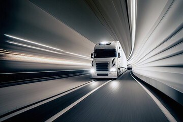 Fototapeta na wymiar Semi Truck at Speed in Tunnel - Generative Ai