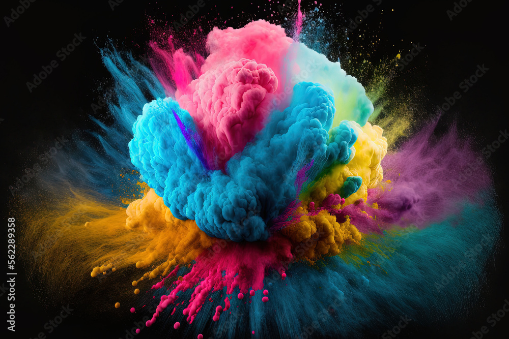 Sticker Blue, pink, and yellow bomb. Colorful, flowing, and vibrant powder explosion over a black studio background with copyspace. contemporary, in style colors. Festival, fashion, and beauty ideas a rainbow