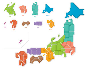日本地図　色分け　パズルのような　立体的な　イラスト