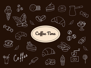 Hand-drawn coffee doodle icons set. Vector illustration. Cute doodle cartoon cafe icons. Vector hand-drawn outline of coffee and bakery items for the cafe menu including supplies and equipment. 