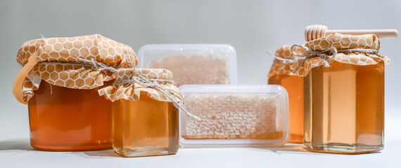 Collection of honey jars and pots mocked up for labelling