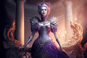 Fototapeta premium Ornately dressed elegant woman in purple standing on a stage. Watercolor artwork.