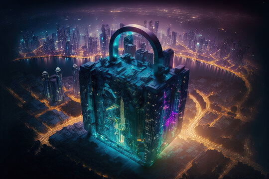 Glowing padlock hologram, nighttime aerial picture of Asia's Kuala Lumpur. The idea of using cyber security barriers to defend KL enterprises two fold exposure. Generative AI