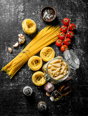Different types of raw paste with oil, tomatoes and spices.