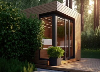 illustration of outdoor sauna cabin with nature green garden, Generative Ai	
