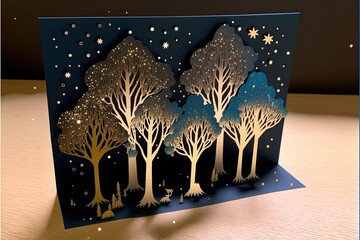 Paper cut night forest. Greeting card standing on a table. Generative AI. 