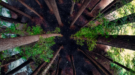 Overhead Drone of A Girl Walking Below Canopy of California Redwood Forest