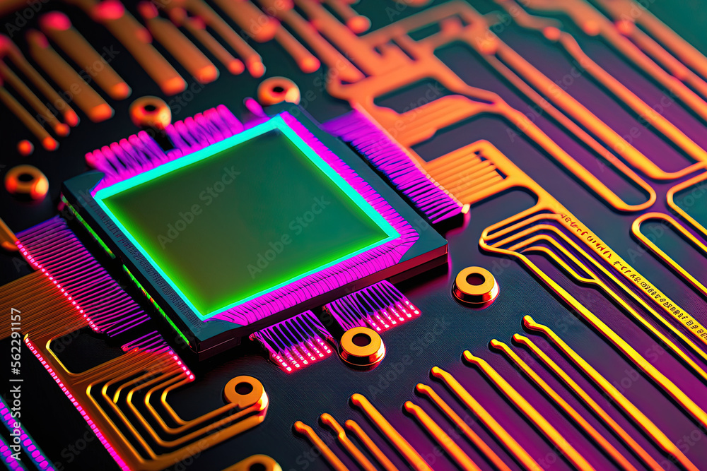 Poster macro of neon colored silicon wafer integrated circuits used to create cpu and gpus. generative ai