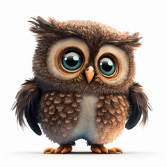Fototapeta premium Cute Owl Cartoon Isolated On White Background With Wings At Its Side Looking Forward. Made With Generative AI.