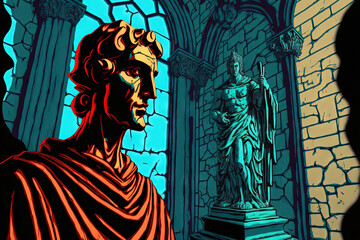 Fototapeta premium digital painting with a sculpture of a human face and a figure in a robe standing beneath an archway. Generative AI