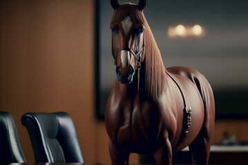 chestnut mare standing in front of a boardroom table, representing the power and success of business leaders (AI Generated)