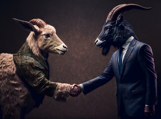 goat in a suit shaking hands with another goat in a suit, symbolising the importance of networking and partnerships in business leadership (AI Generated)
