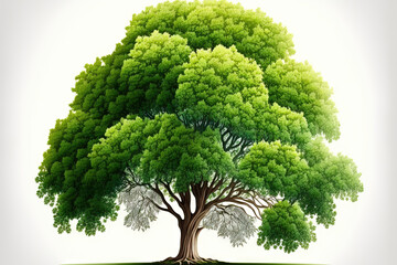 Beautiful deciduous tree in vibrant green isolated on a background of clean white. Generative AI