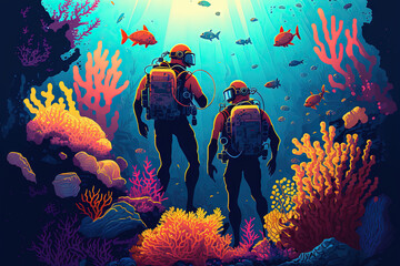 A group of divers investigating a coral reef. Aquatic activities and tropical getaway. Generative AI