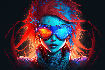 Cyber fashion. Futuristic portrait. Digital beauty. Art portrait of mysterious cyborg woman in sunglasses with colorful red blue neon hair white round LED halo light. Generative AI