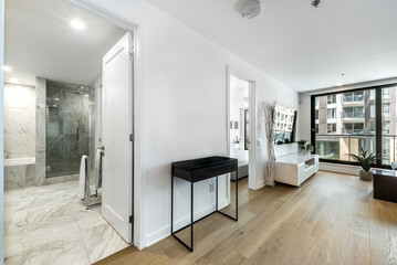 Luxury modern apartment in condominium in Montreal perfectly staged and furnished with amentinites common areas swimming pool, rooftop, terrace, gym, garden and city views