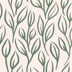 Hand drawn seamless pattern with muted pastel flowers, neutral beige sage green floral design. Boho bohemian trendy loose nature blossom bloom leaves, victorian retro garden print, retro romantic