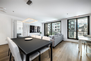 Luxury modern apartment in condominium in Montreal perfectly staged and furnished with amentinites common areas swimming pool, rooftop, terrace, gym, garden and city views