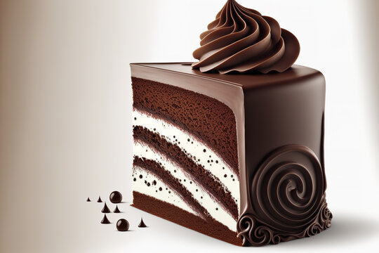 On a white background, a chocolate cake slice has a curl. Generative AI
