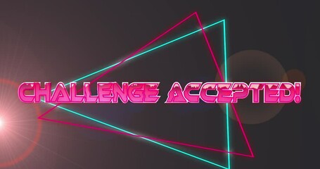 Animation of challenge accepted text and shapes over light spots on black background - Powered by Adobe