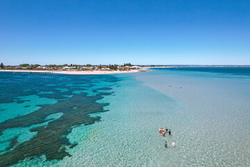 Aerial view of the sandbar between the Rockingham coast and Penguin Island with people walking...