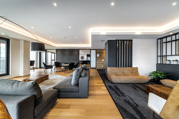 Luxury modern apartment in condominium in Montreal perfectly staged and furnished with amentinites common areas swimming pool, rooftop, terrace, gym, garden and city views