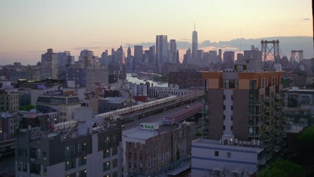 16mm film of Brooklyn and Downtown New York city Skyline at sunset.