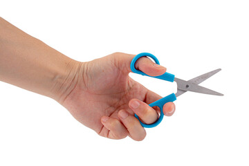 Hand holding office stationery scissors cutting on transparent background 