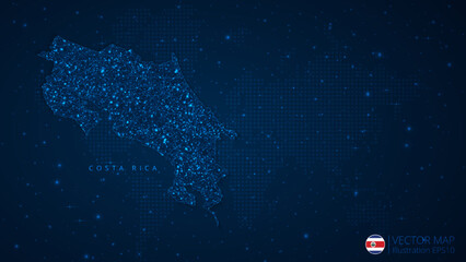 Fototapeta na wymiar Map of Costa Rica modern design with polygonal shapes on dark blue background. Business wireframe mesh spheres from flying debris. Blue structure style vector illustration concept